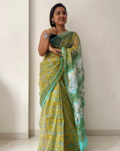 Sanganeri Handblock Printed Doria Saree