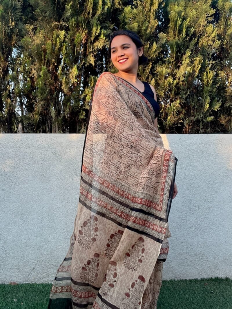 Bagru Handblock Printed Doria Saree - Image 3