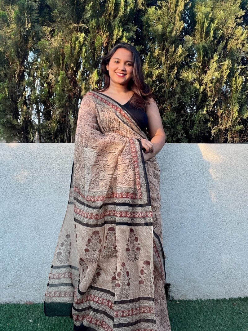 Bagru Handblock Printed Doria Saree - Image 4