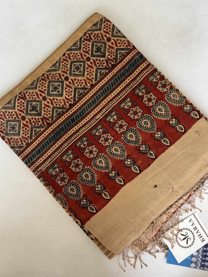 Ajrakh Khadi Handblock Printed Saree - Image 4