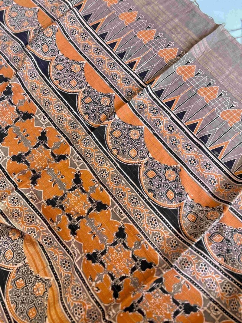 Ajrakh Khadi Handblock Printed Saree - Image 5