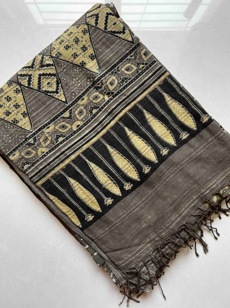 Ajrakh Khadi Handblock Printed Saree - Image 4