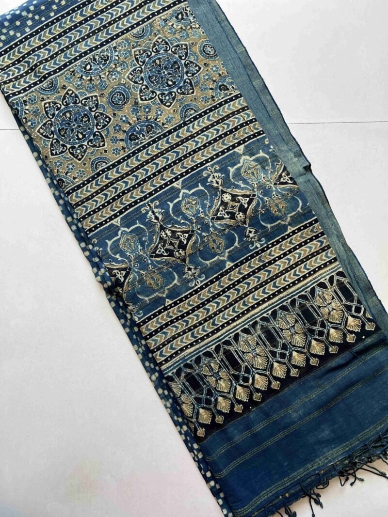 Ajrakh Khadi Handblock Printed Saree - Image 5