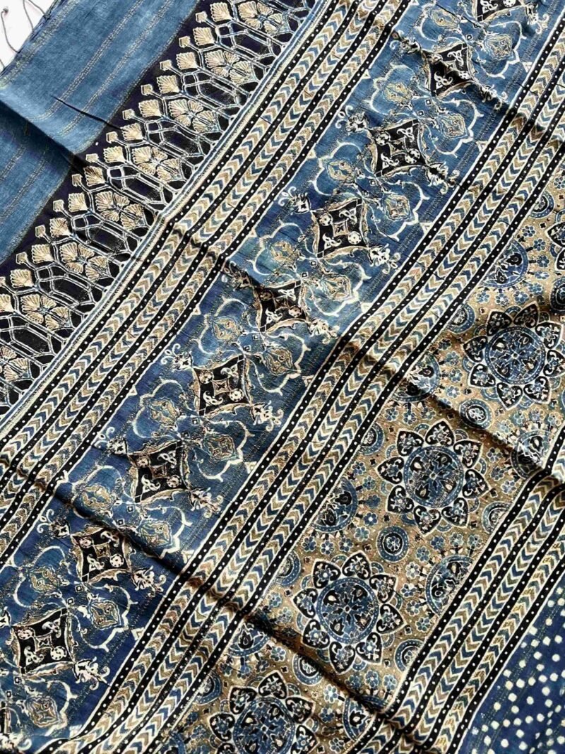 Ajrakh Khadi Handblock Printed Saree - Image 6
