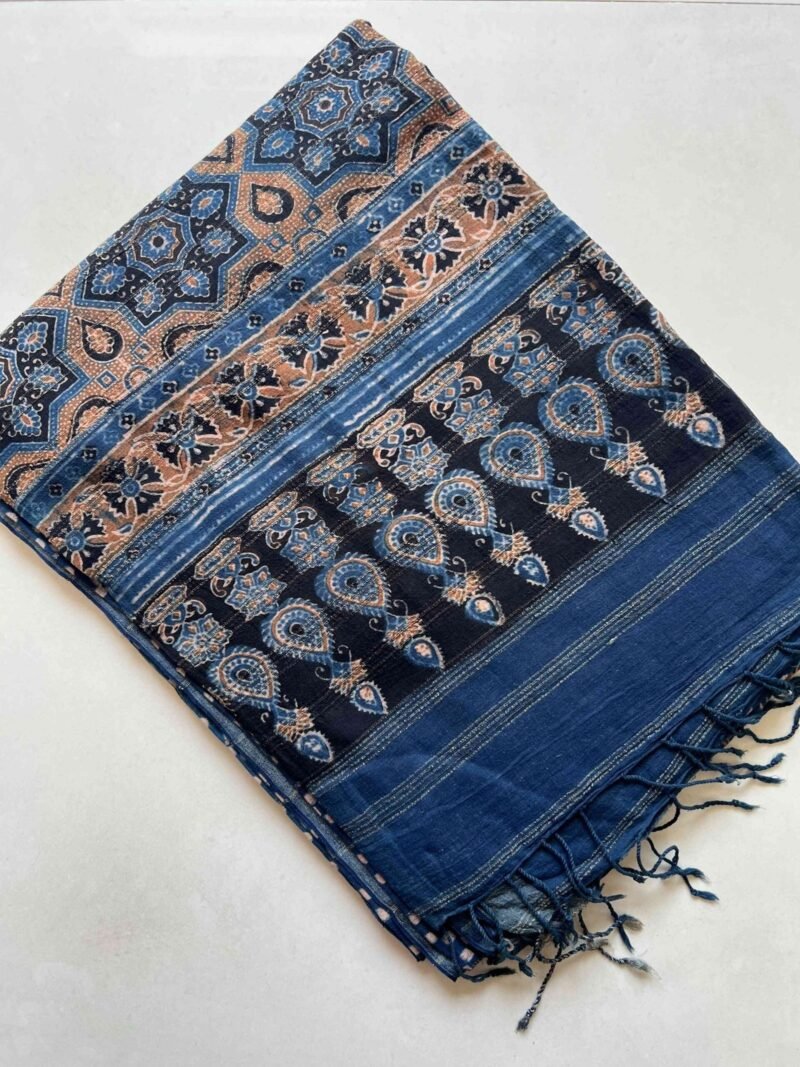 Ajrakh Khadi Handblock Printed Saree - Image 4