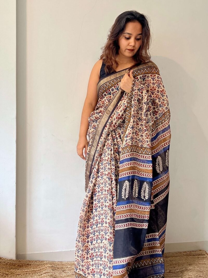 Bagru Handblock Printed Linen Saree - Image 3