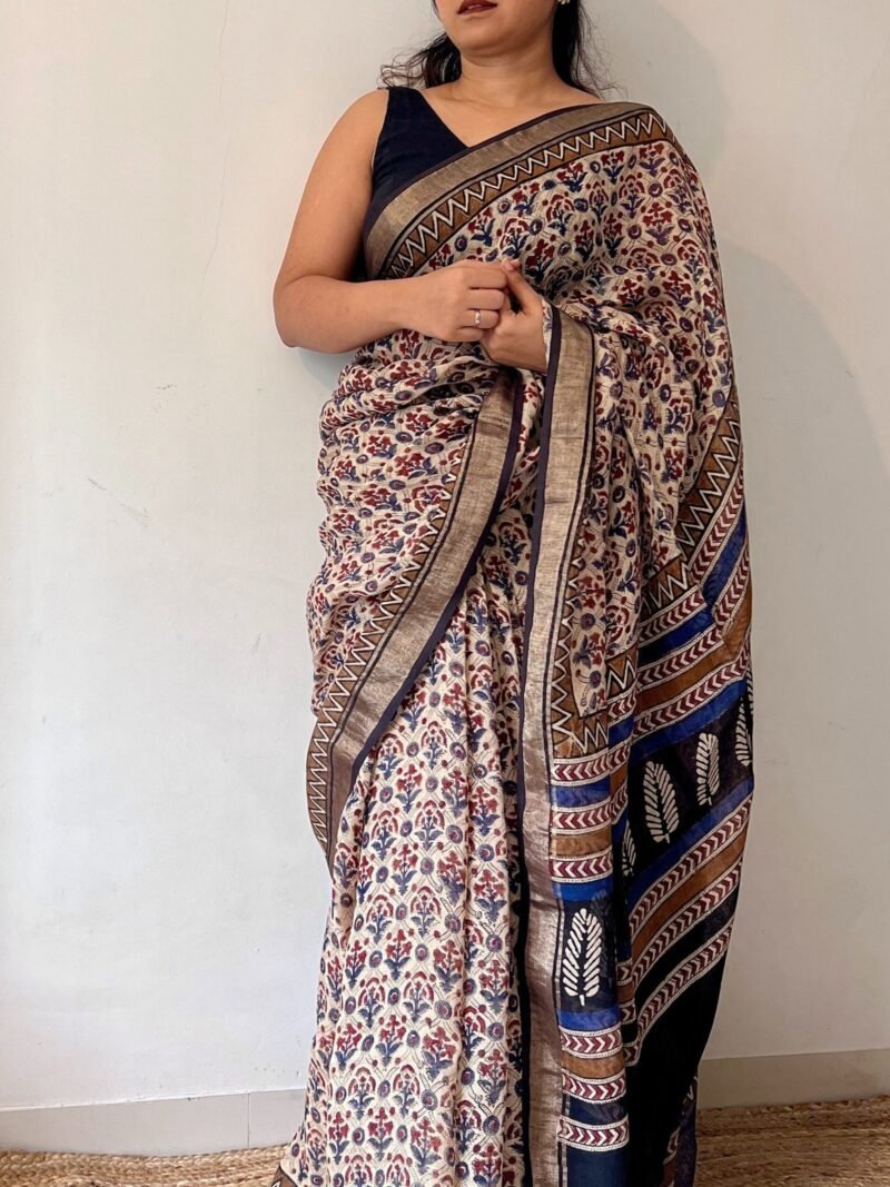 Bagru Handblock Printed Linen Saree - Image 4
