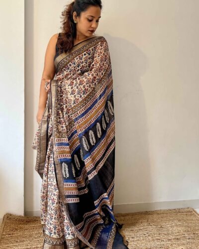 Bagru Handblock Printed Linen Saree