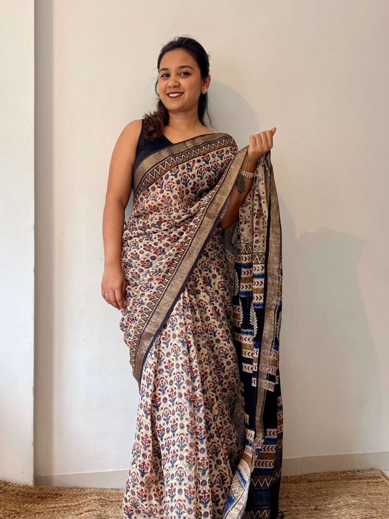 Bagru Handblock Printed Linen Saree - Image 5