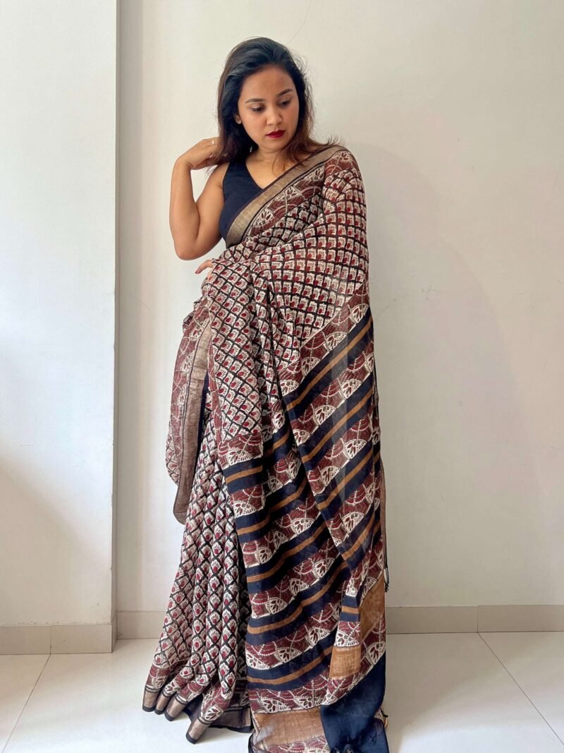 Bagru Handblock Printed Linen Saree - Image 3