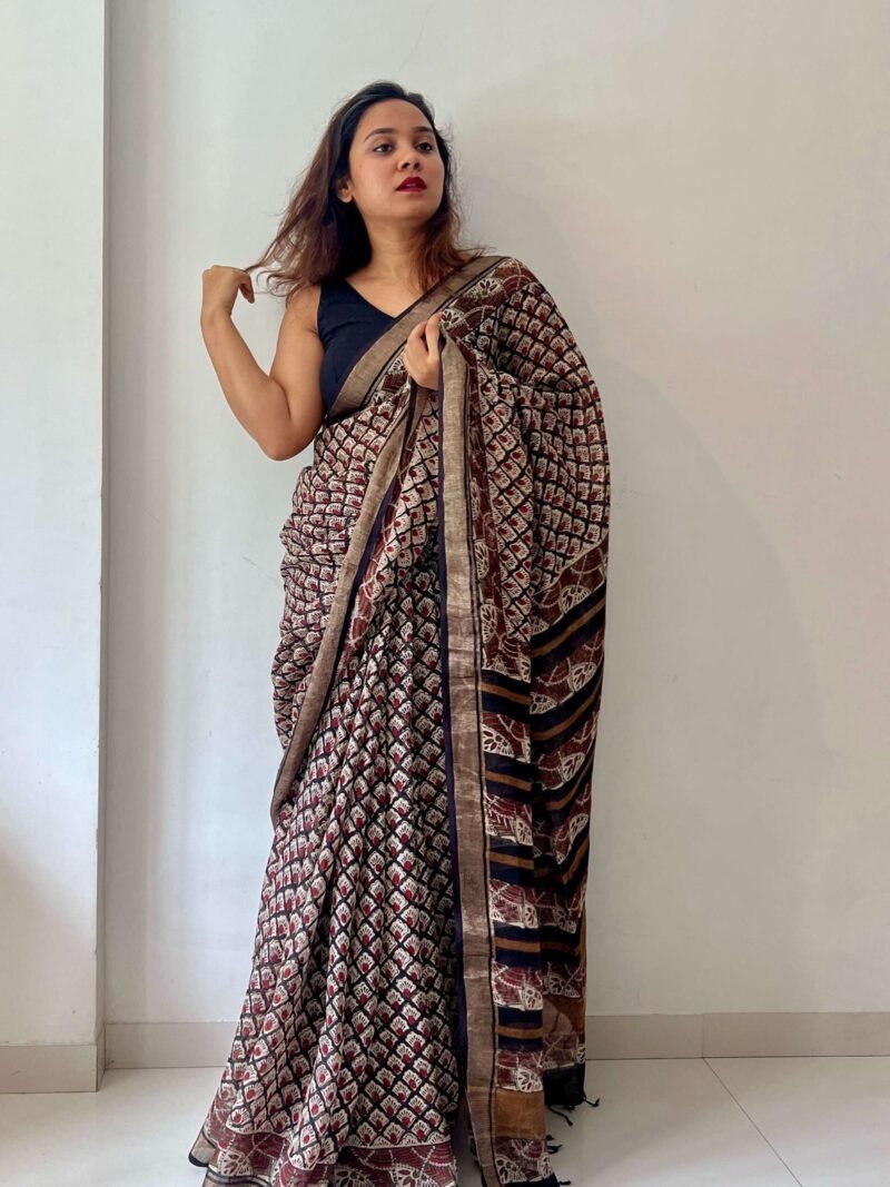 Bagru Handblock Printed Linen Saree - Image 4