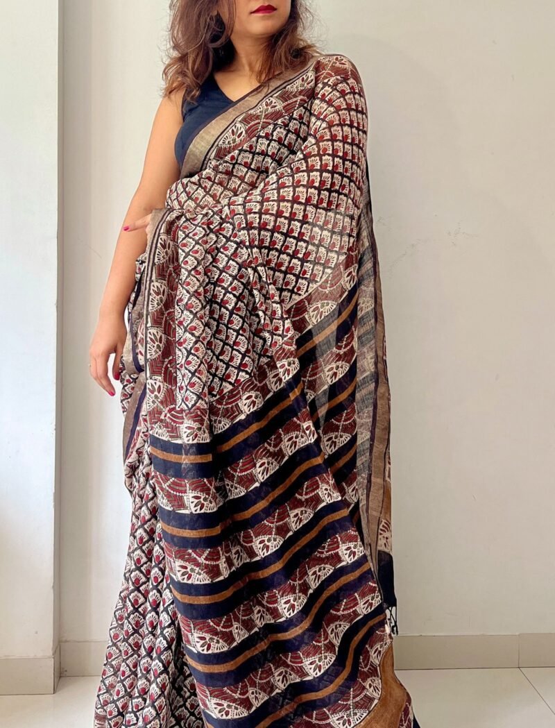 Bagru Handblock Printed Linen Saree - Image 5