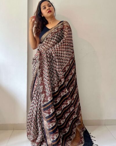 Bagru Handblock Printed Linen Saree