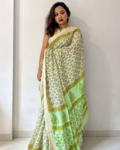 Bagru Handblock Printed Linen Saree