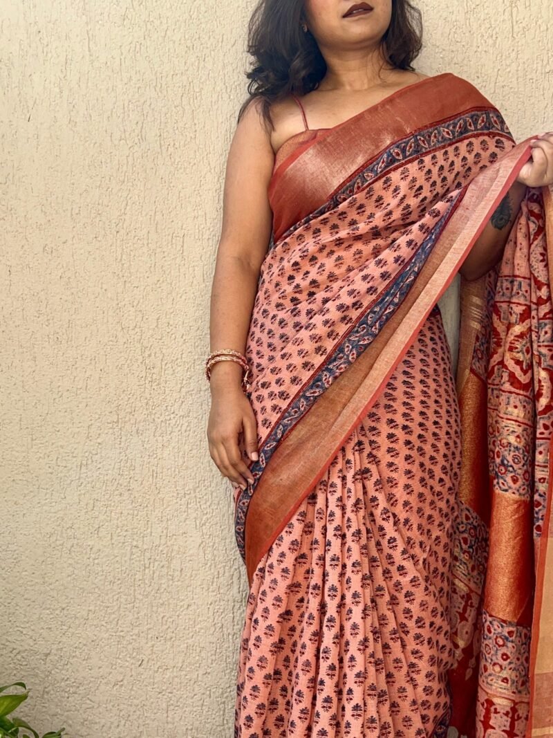 Ajrakh Linen Handblock Printed Saree - Image 2