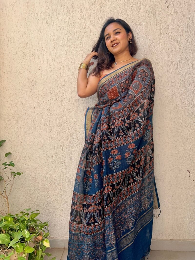 Ajrakh Linen Handblock Printed Saree - Image 2