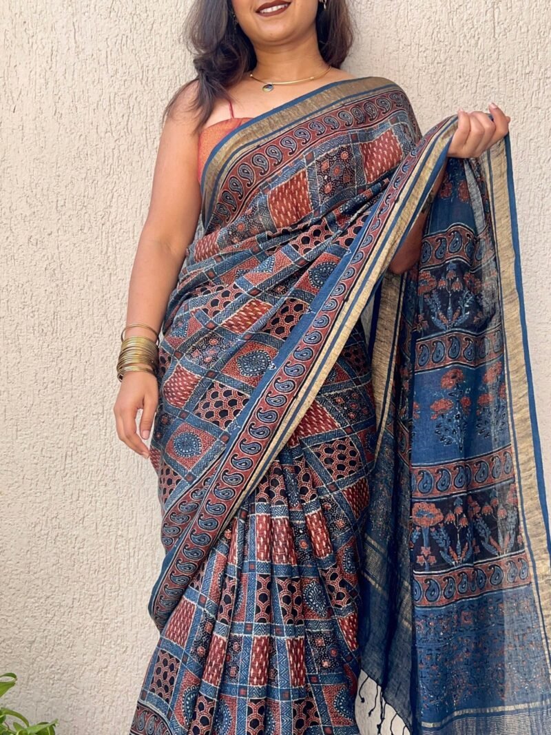 Ajrakh Linen Handblock Printed Saree - Image 3