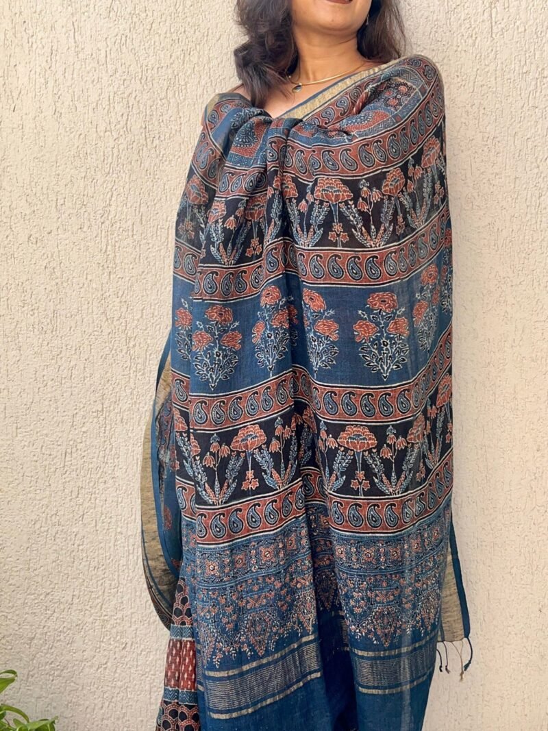 Ajrakh Linen Handblock Printed Saree - Image 4
