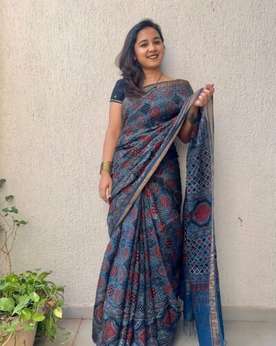 Ajrakh Linen Handblock Printed Saree