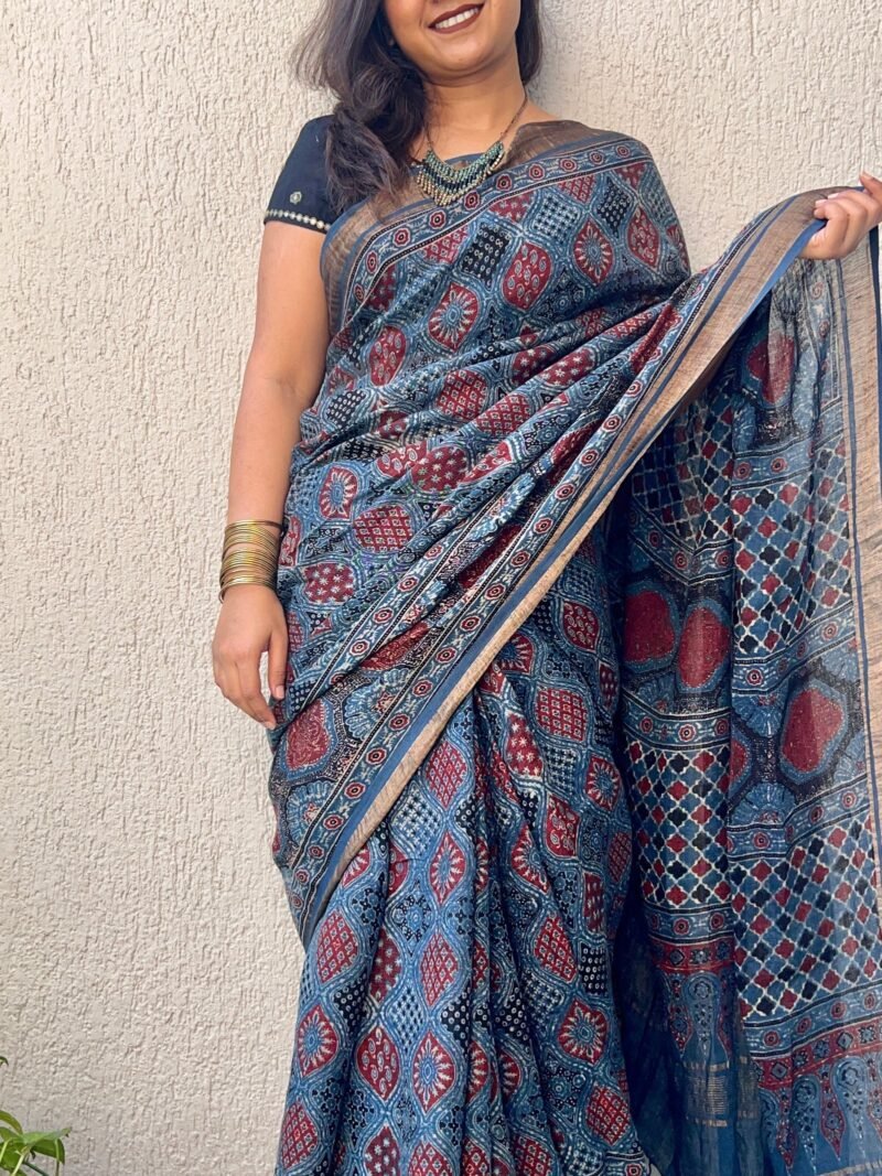 Ajrakh Linen Handblock Printed Saree - Image 2