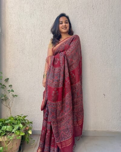 Ajrakh Linen Handblock Printed Saree