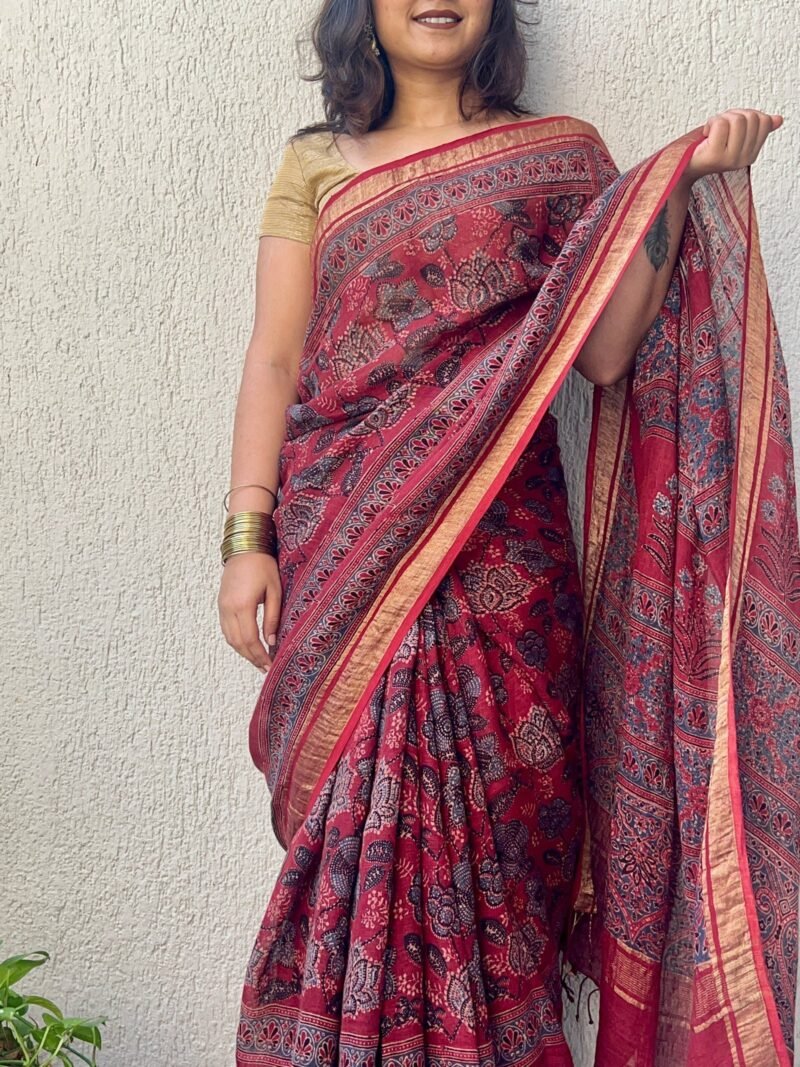 Ajrakh Linen Handblock Printed Saree - Image 3