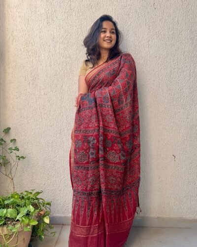 Ajrakh Linen Handblock Printed Saree