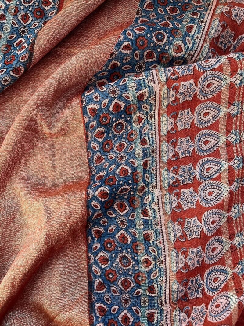 Ajrakh Linen Handblock Printed Saree - Image 3