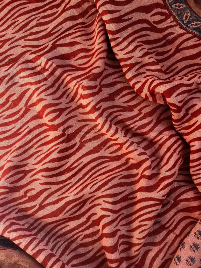 Ajrakh Linen Handblock Printed Saree - Image 4