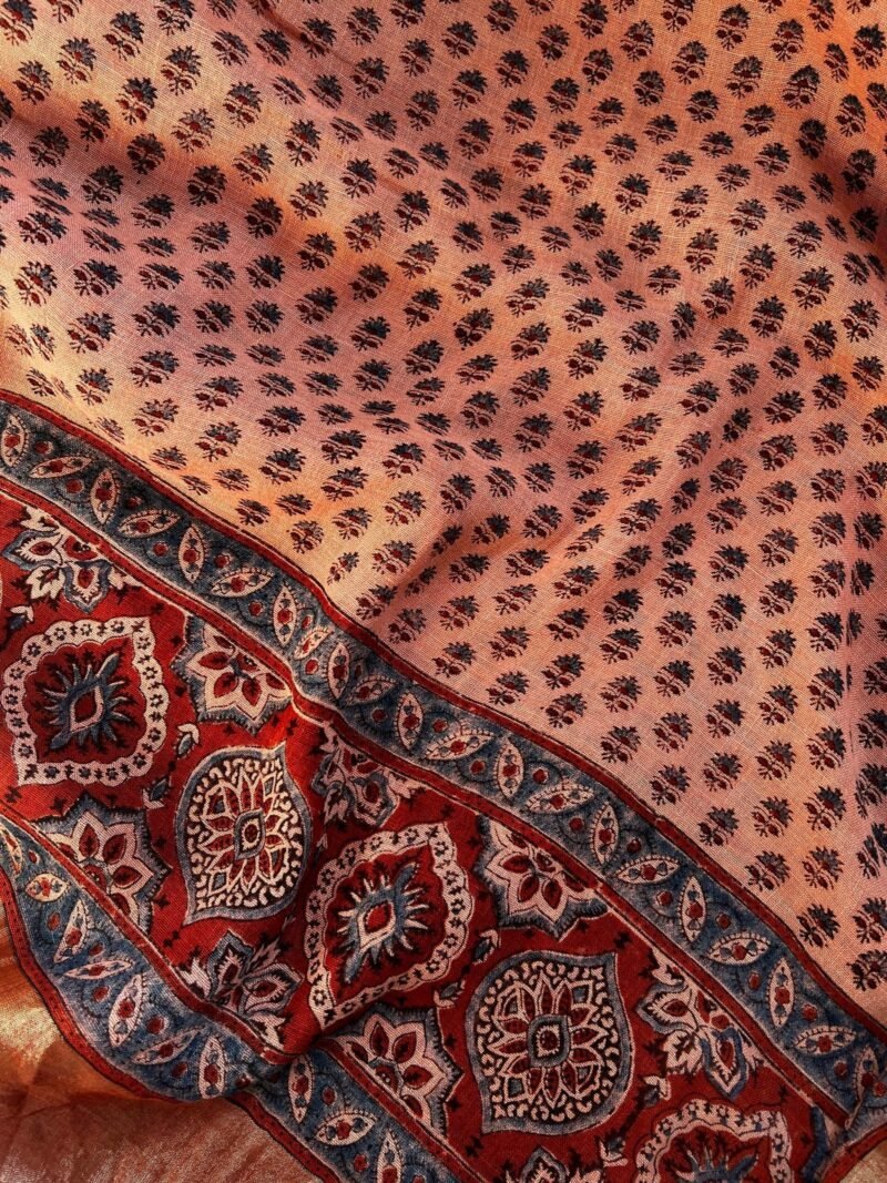 Ajrakh Linen Handblock Printed Saree - Image 5