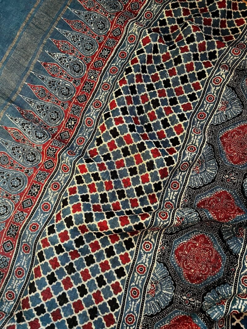 Ajrakh Linen Handblock Printed Saree - Image 4
