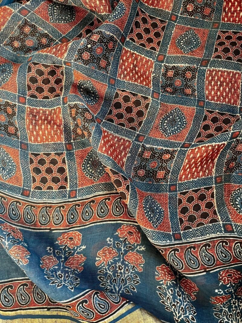Ajrakh Linen Handblock Printed Saree - Image 6