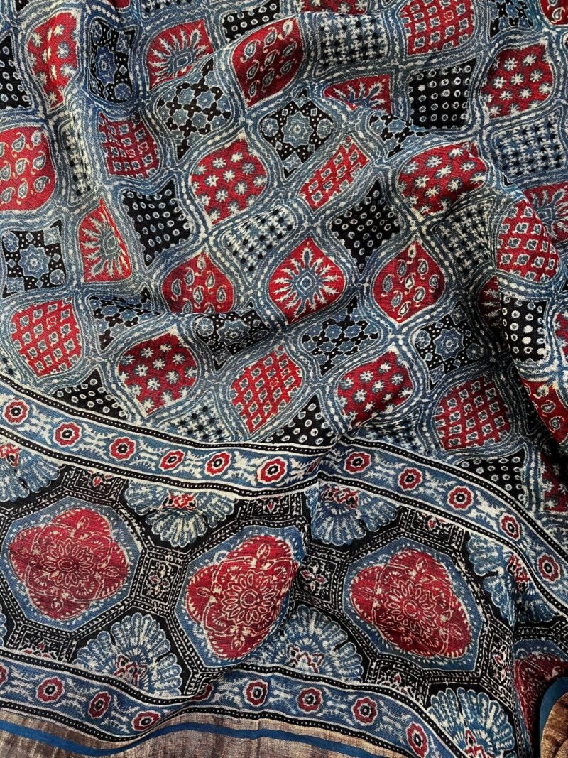 Ajrakh Linen Handblock Printed Saree - Image 3