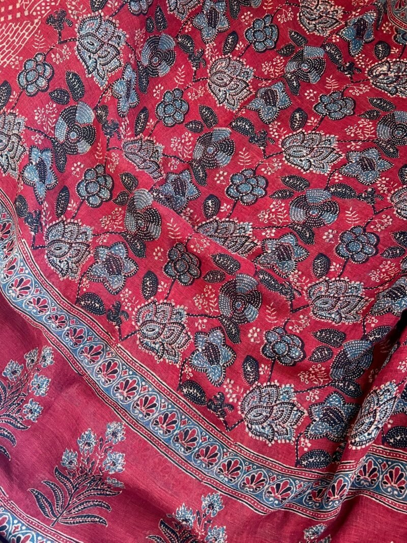Ajrakh Linen Handblock Printed Saree - Image 4