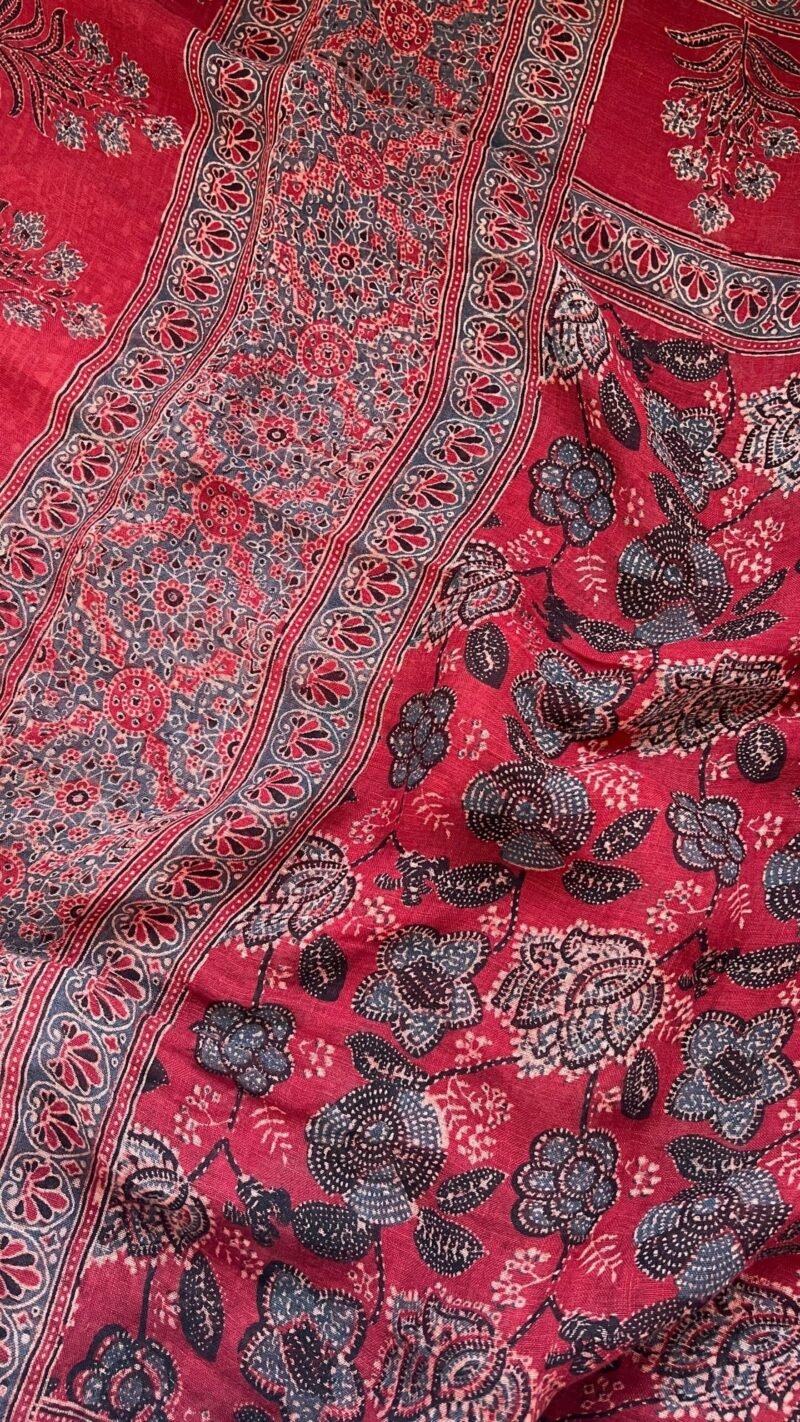 Ajrakh Linen Handblock Printed Saree - Image 5