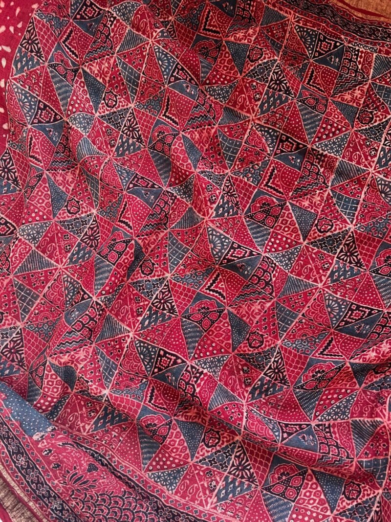 Ajrakh Linen Handblock Printed Saree - Image 4