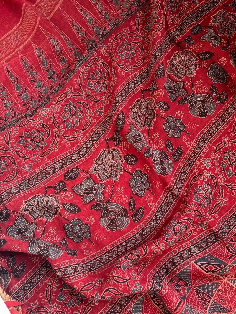 Ajrakh Linen Handblock Printed Saree - Image 3