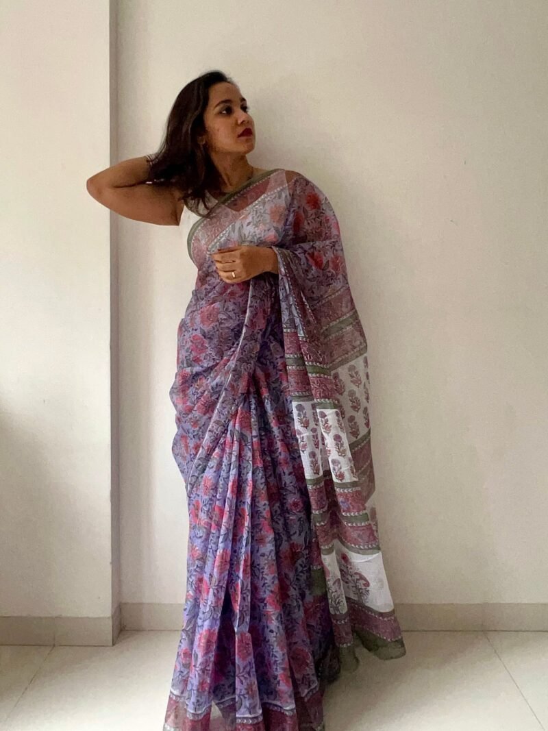 Sanganeri Handblock Printed Doria Saree - Image 4
