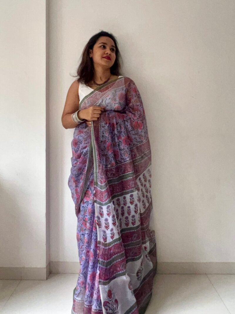 Sanganeri Handblock Printed Doria Saree - Image 2