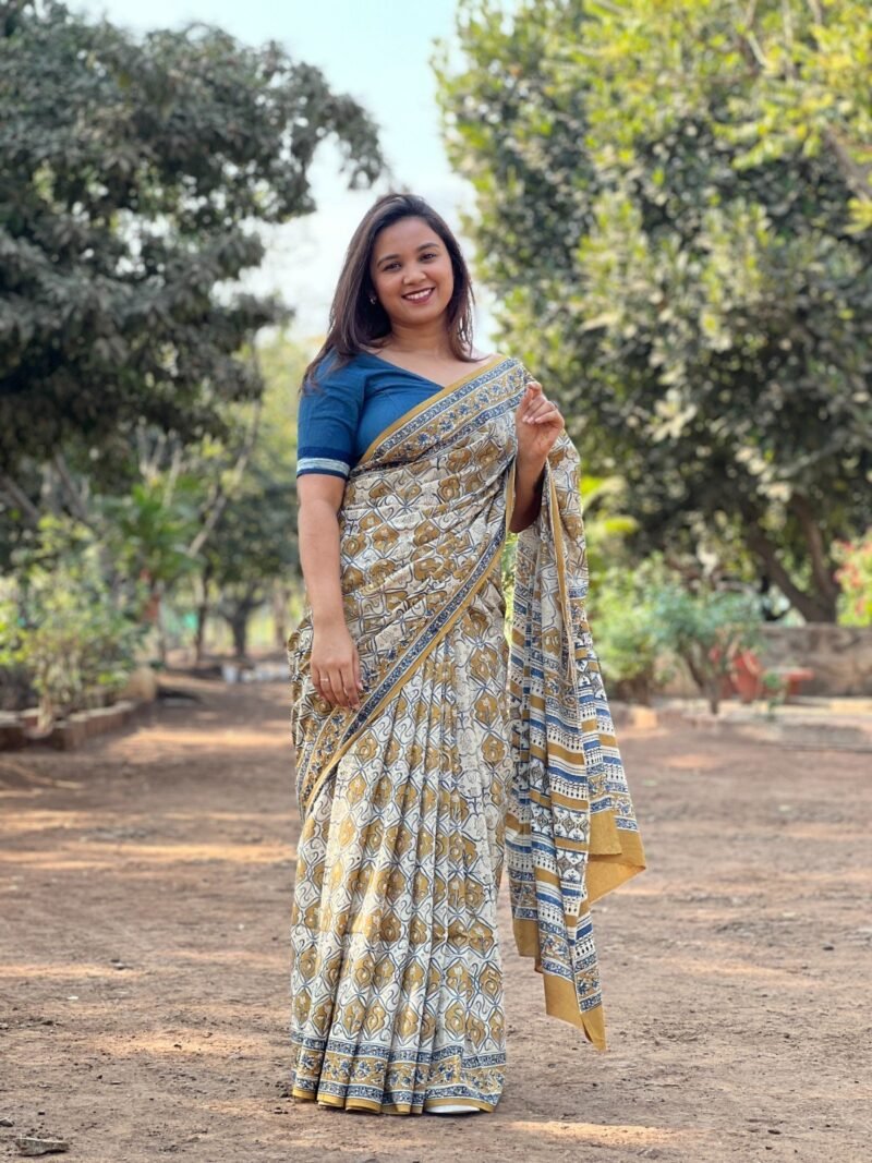 Handblock Printed Mul Cotton Saree - Image 4