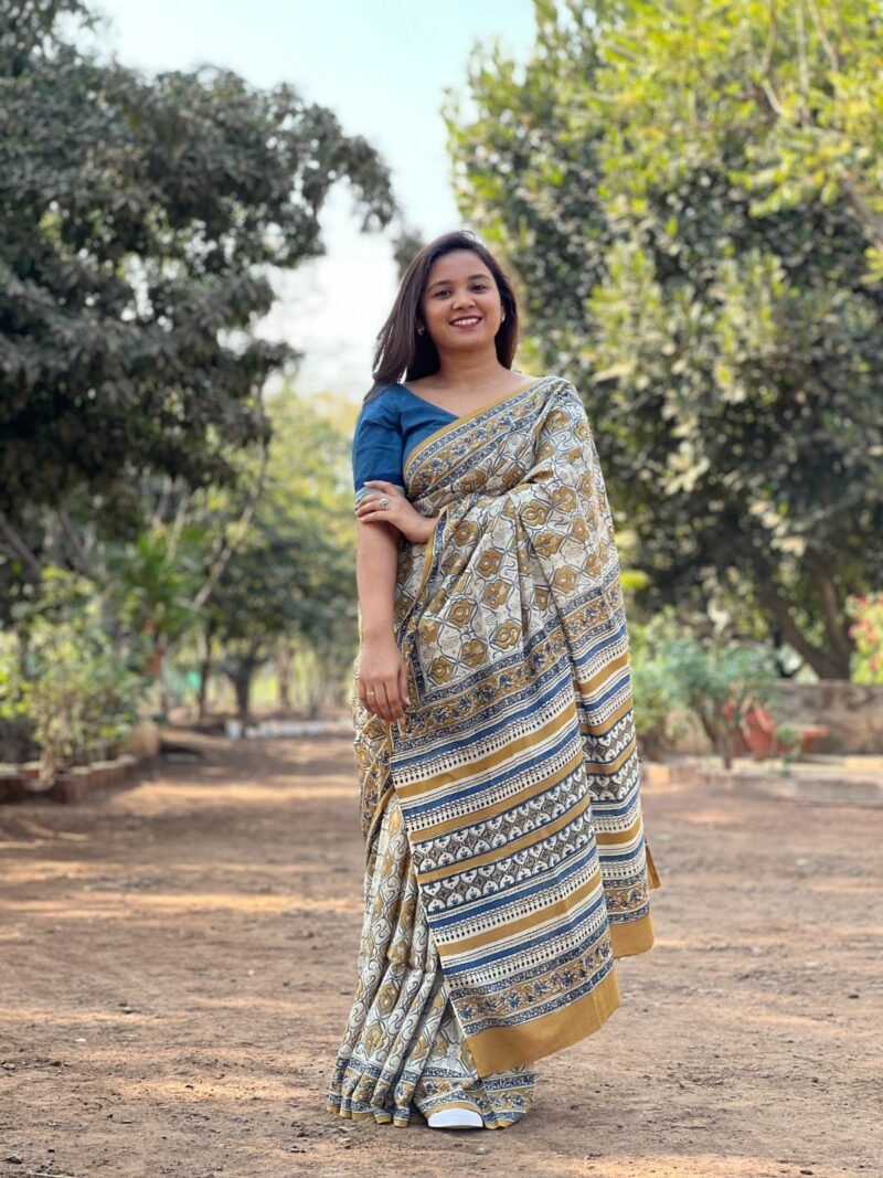 Handblock Printed Mul Cotton Saree - Image 5