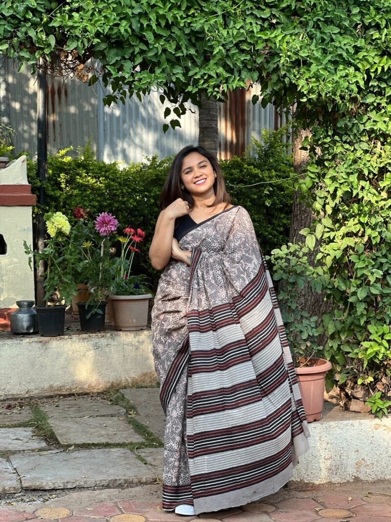 Handblock Printed Mul Cotton Saree - Image 4