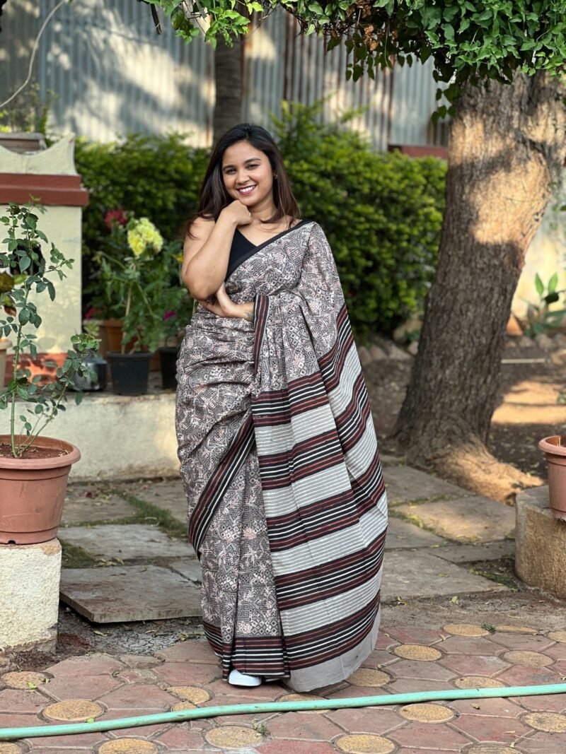 Handblock Printed Mul Cotton Saree - Image 5