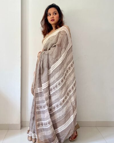 Dabu Handblock Printed Linen Saree